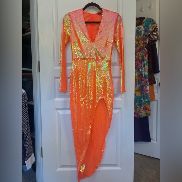 Banjul Tangerine Orange Sequin Dress with High Side Slit and Built in Bodysuit - Picture 1 of 8
